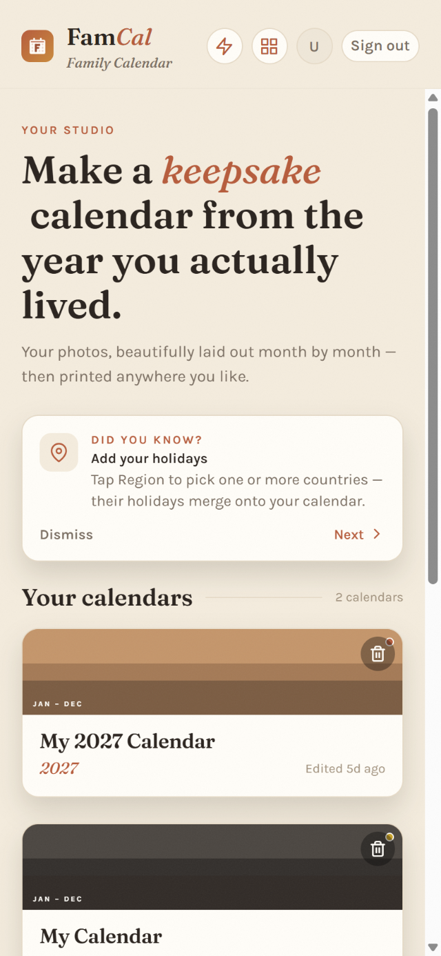 FamCal — the studio home, &lsquo;Make a keepsake calendar from the year you actually lived,&rsquo; with saved calendars.