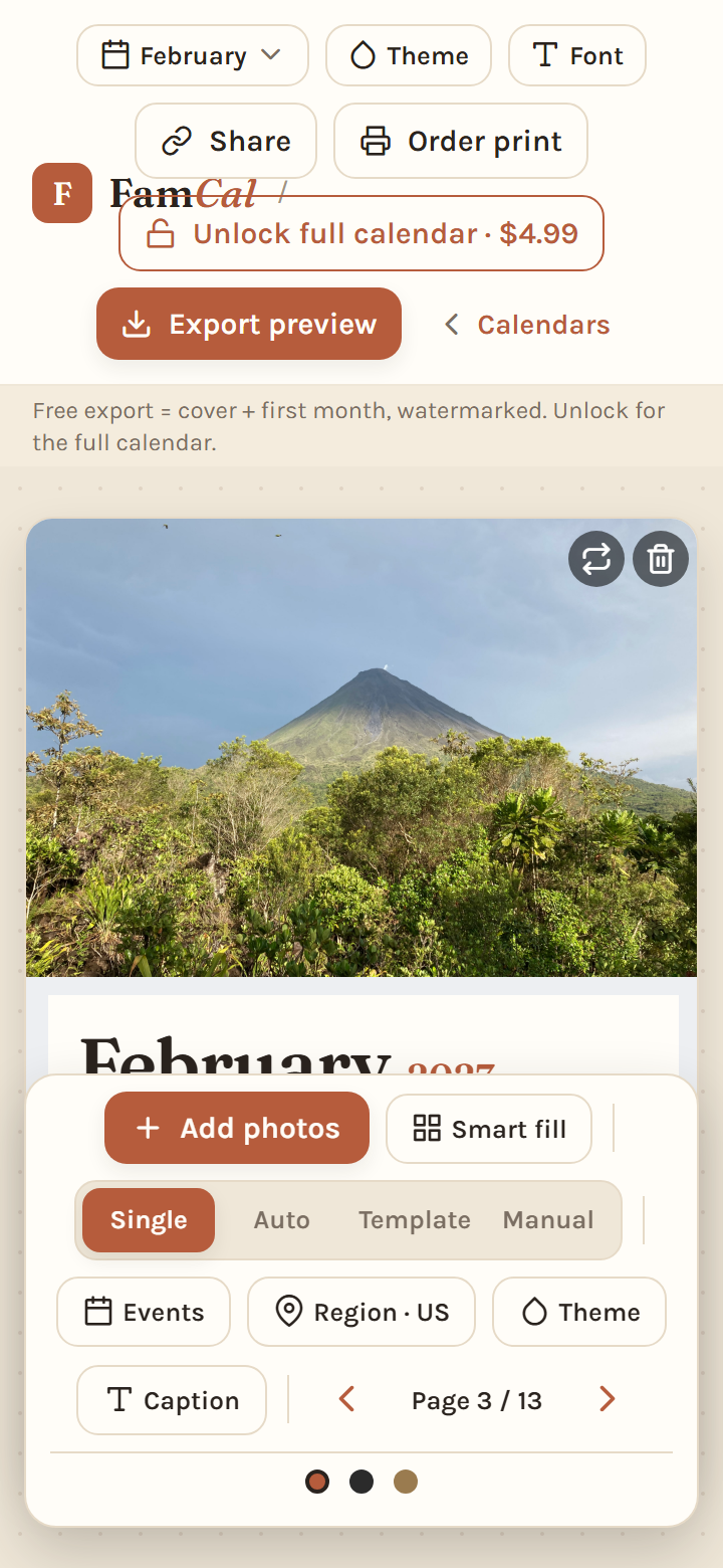 FamCal — a February calendar page in the editor, a volcano-and-forest photo set above the month grid.