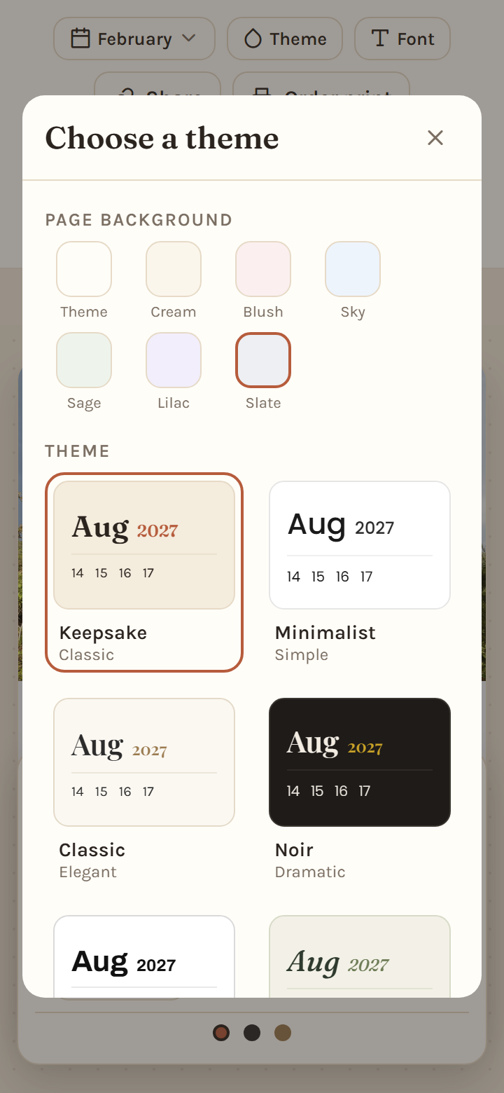 FamCal — the theme picker: designer themes and page-background colours to restyle the whole calendar.