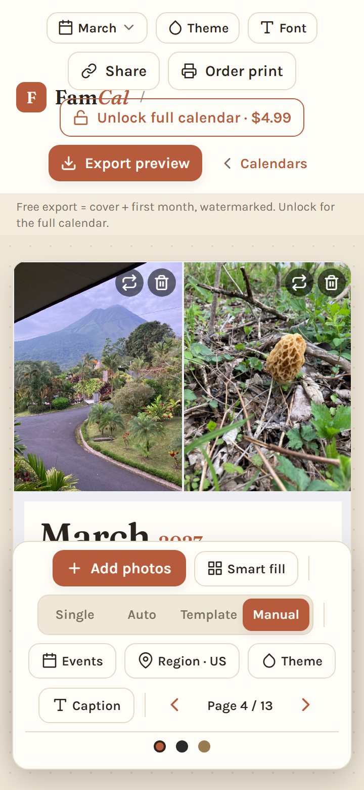 FamCal — a March calendar page with a two-photo layout above the month grid.