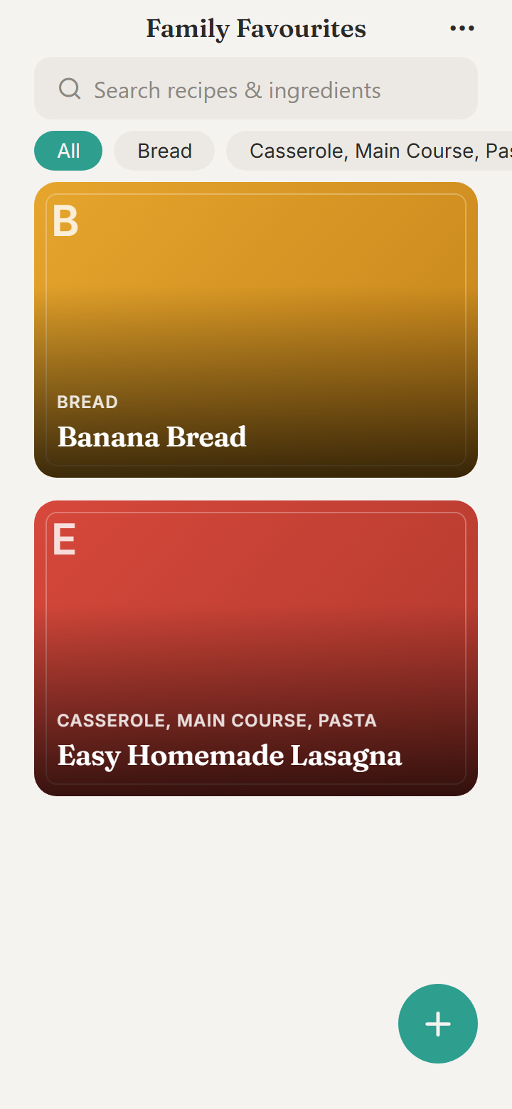 FamCook — the &lsquo;Family Favourites&rsquo; recipe library, recipes grouped by category with a search bar.