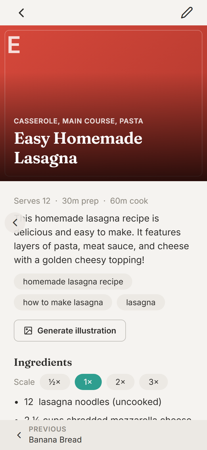 FamCook — a recipe page for Easy Homemade Lasagna with serving size, prep and cook times, and ingredients.
