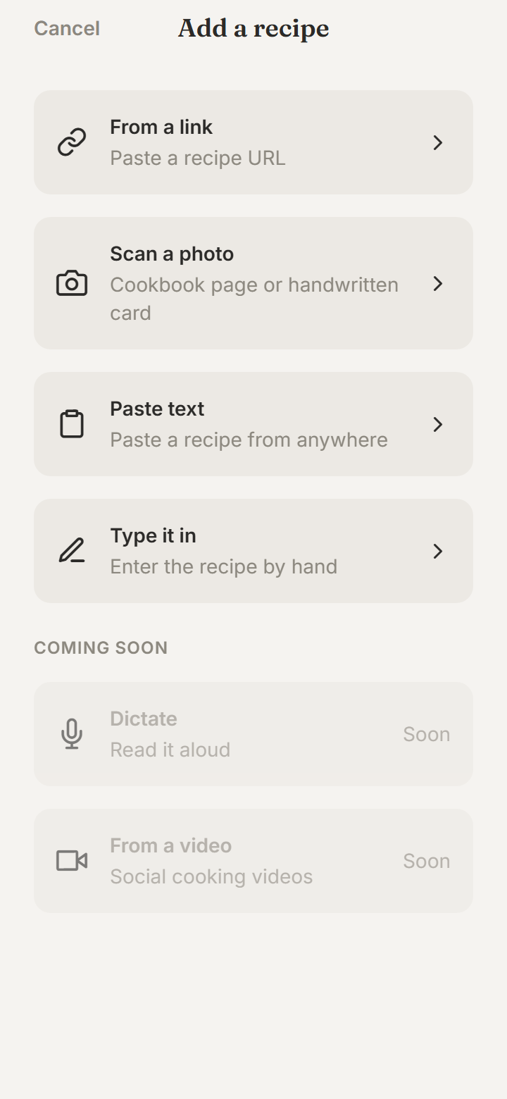 FamCook — the &lsquo;Add a recipe&rsquo; screen: import from a link, a photo scan, pasted text, or type it in by hand.