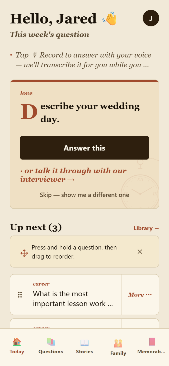 Heirloom — home screen greeting &lsquo;Hello, Jared&rsquo; with this week&rsquo;s story question.