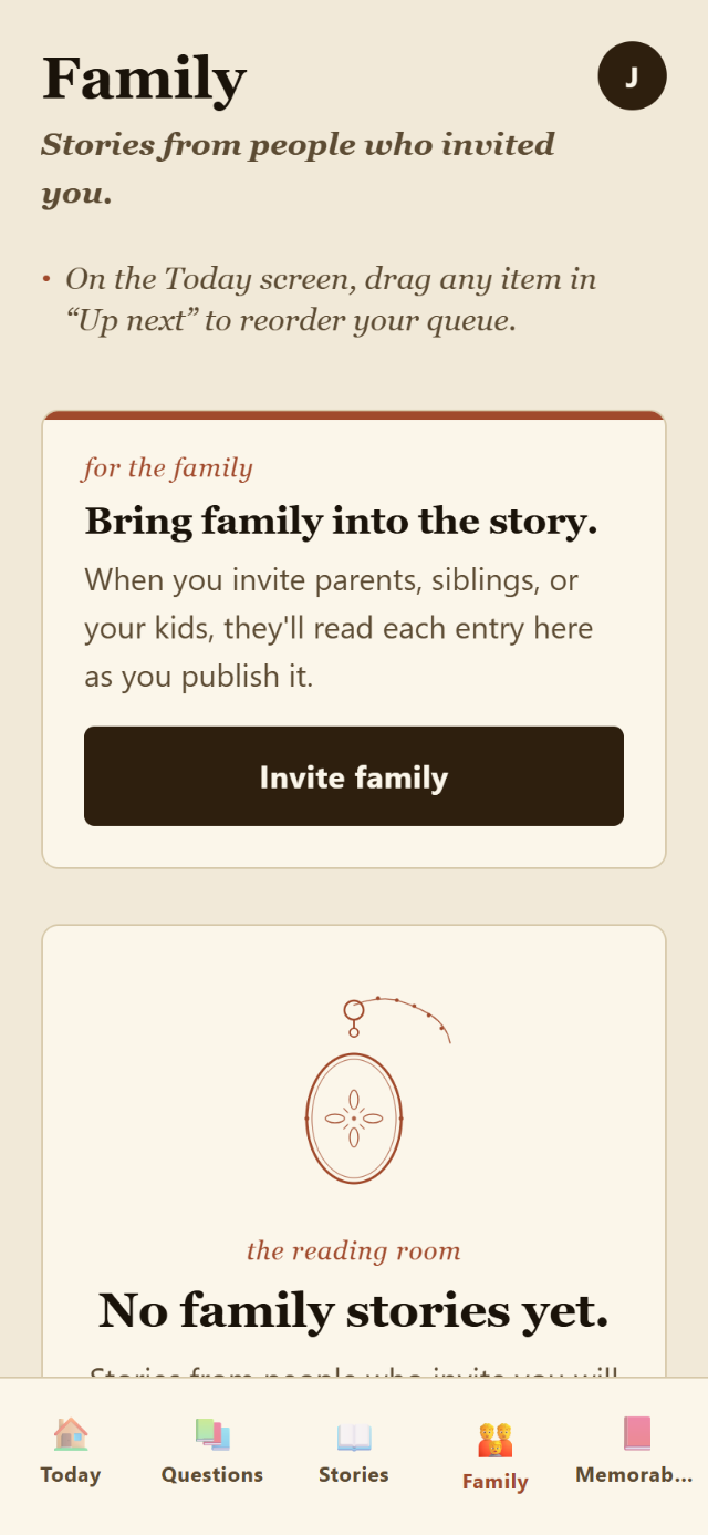 Heirloom — the Family screen inviting relatives to read each published story.