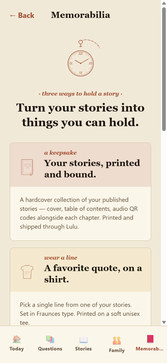 Heirloom — Memorabilia: turning stories into printed keepsakes and prints.